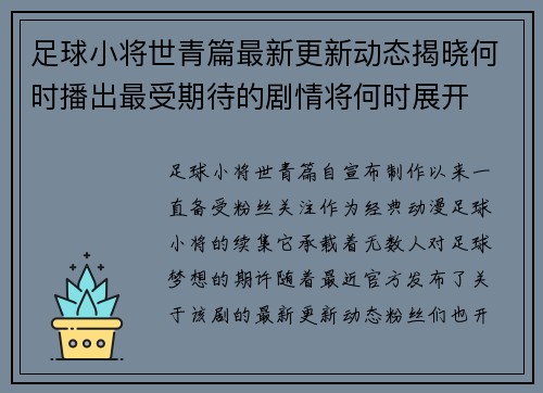 足球小将世青篇最新更新动态揭晓何时播出最受期待的剧情将何时展开